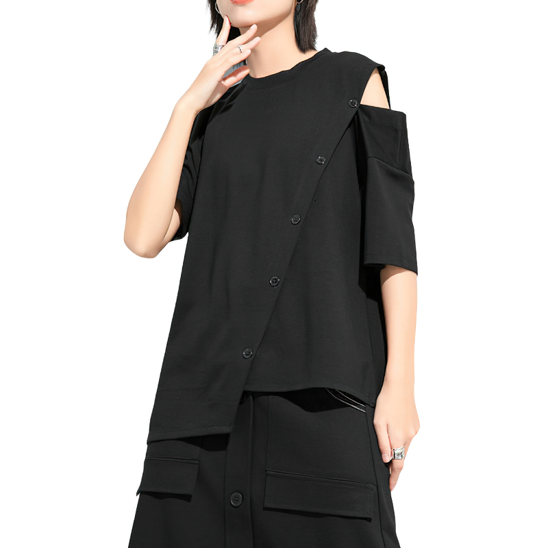 Fashion Women's black t-shirt with buttons, round neck top, half sleeve, trendy and stylish design.