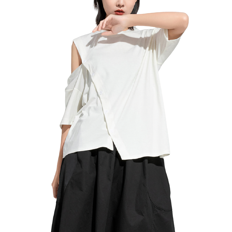Trendy white half-sleeve T-shirt with asymmetrical design and buttons, perfect for stylish outfits.