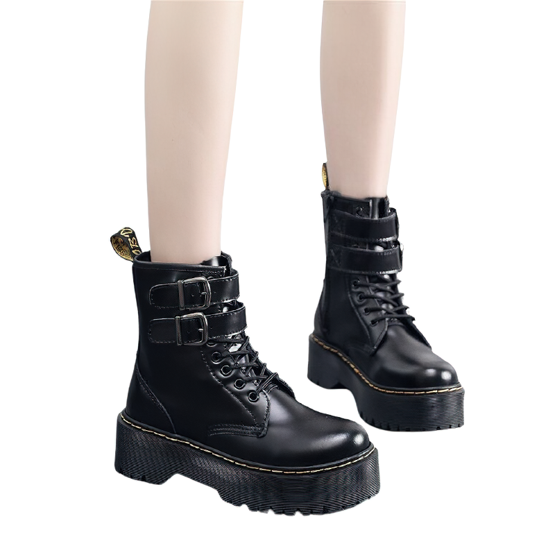 Stylish women's black PU leather boots with buckle belt and zipper, perfect for casual outfits.