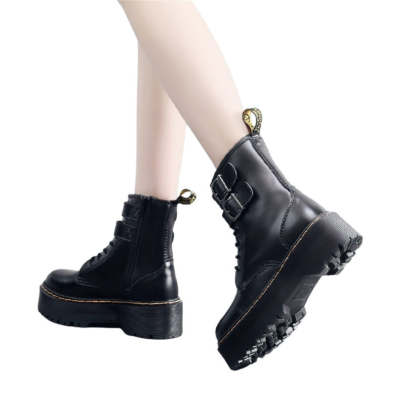 Stylish women's black PU leather boots with buckle detail and chunky sole, perfect for casual outfits.