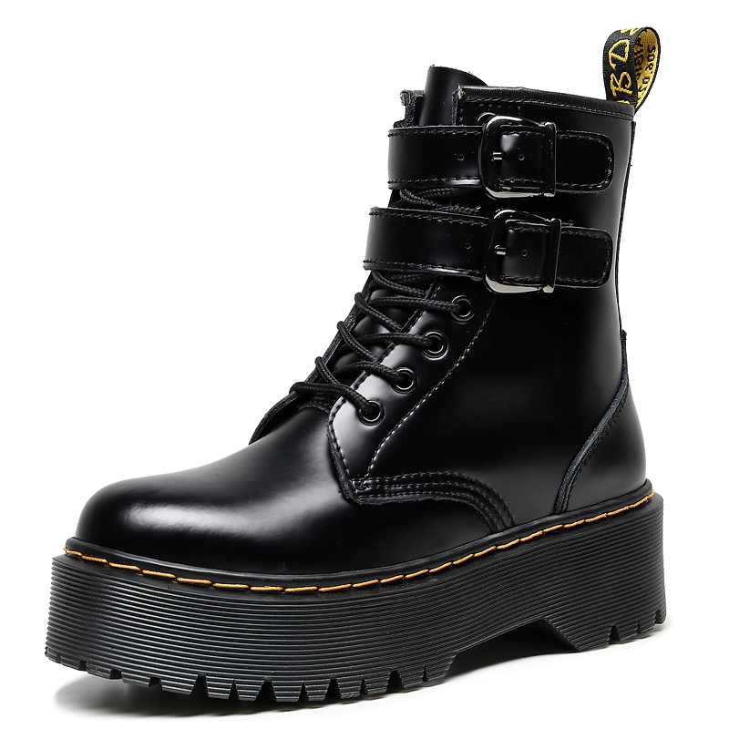 Black PU leather women's boots with buckle belt and laces, stylish casual footwear for everyday comfort.