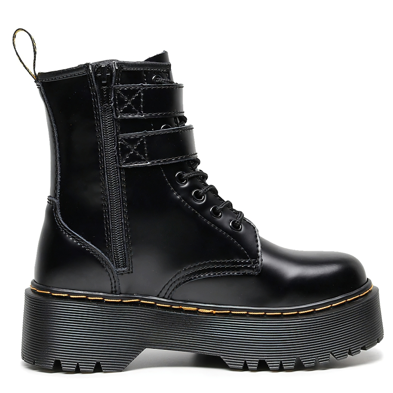 Stylish women's black PU leather boots with buckle, belt, and zipper for casual outfits.
