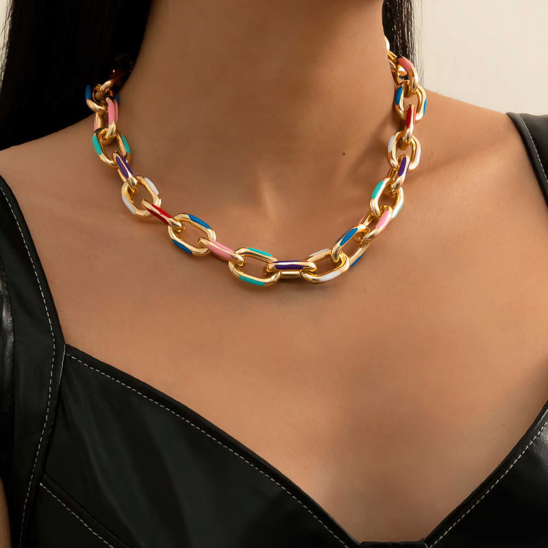 Trendy women's chunky aluminium chain necklace with multicolor links, perfect for elevating any outfit.