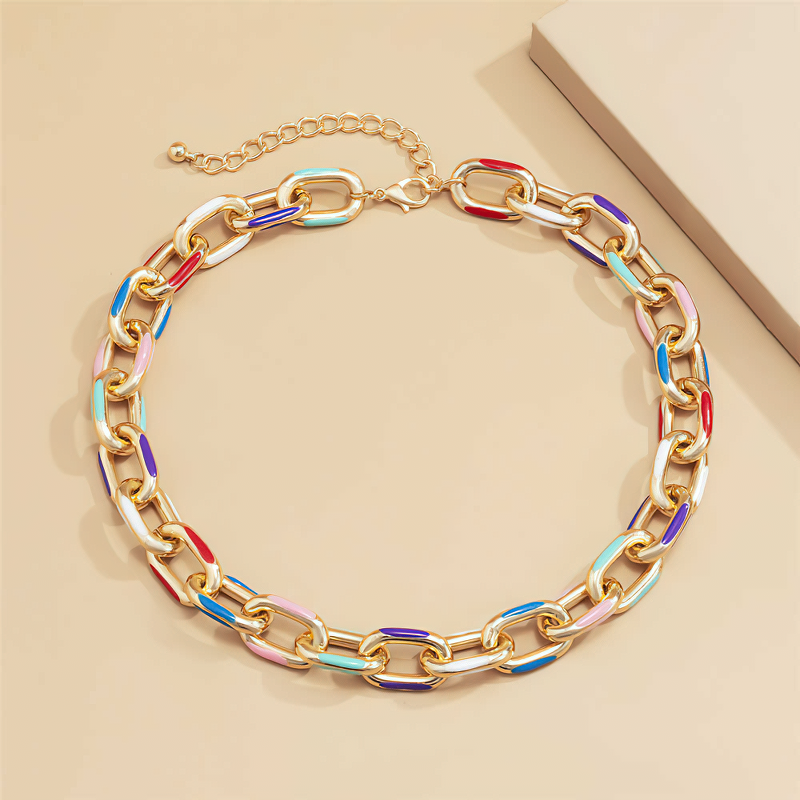 Trendy women's chunky aluminium chain short necklace with colorful links, perfect for any outfit.