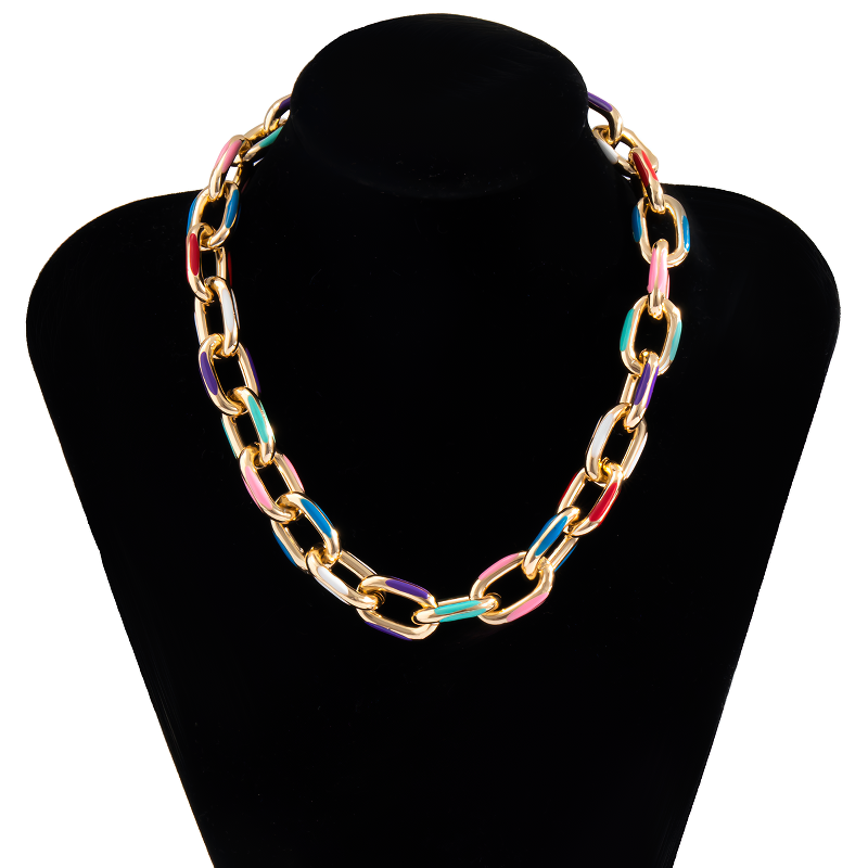 Trendy women's chunky aluminium chain necklace with multicolor links, perfect for enhancing any outfit.