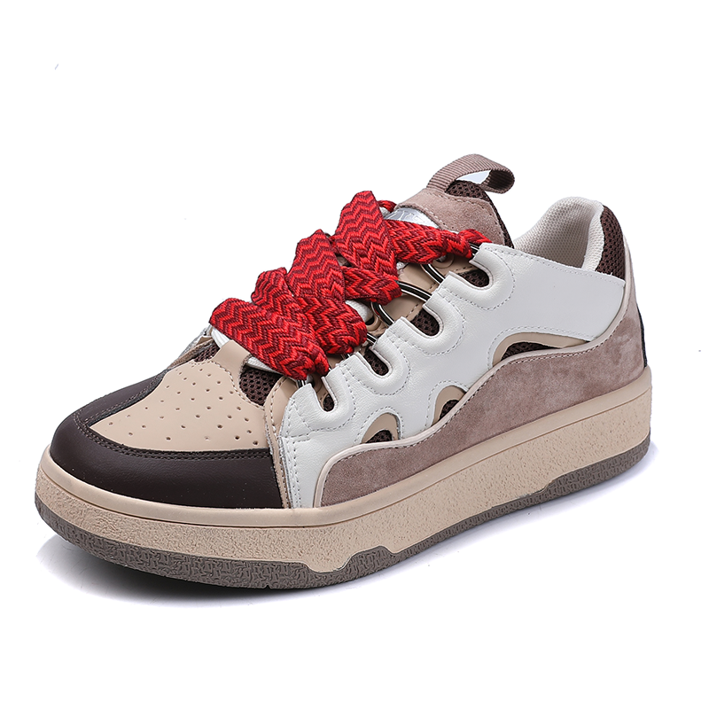 Fashion women's chunky platform sneaker with retro mixed colors and bold red laces, made from genuine leather.