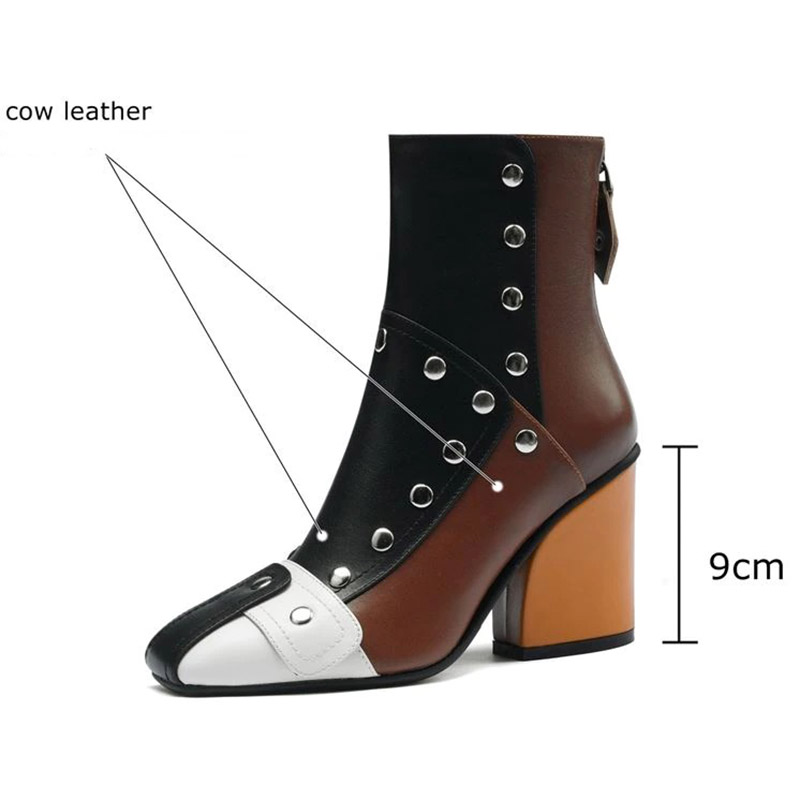Fashion women's genuine leather ankle boots with rivets and high heels in multicolor design, showcasing a stylish casual look.