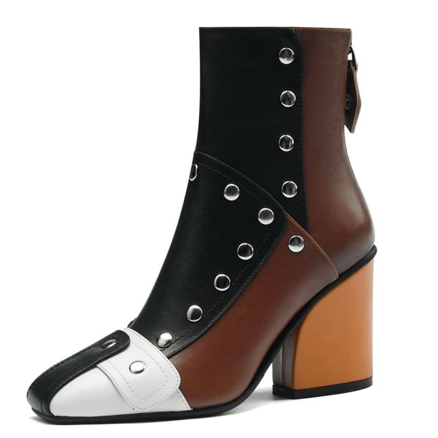 Trendy women's ankle boots in multi-colour leather with rivets and stylish high heel design.