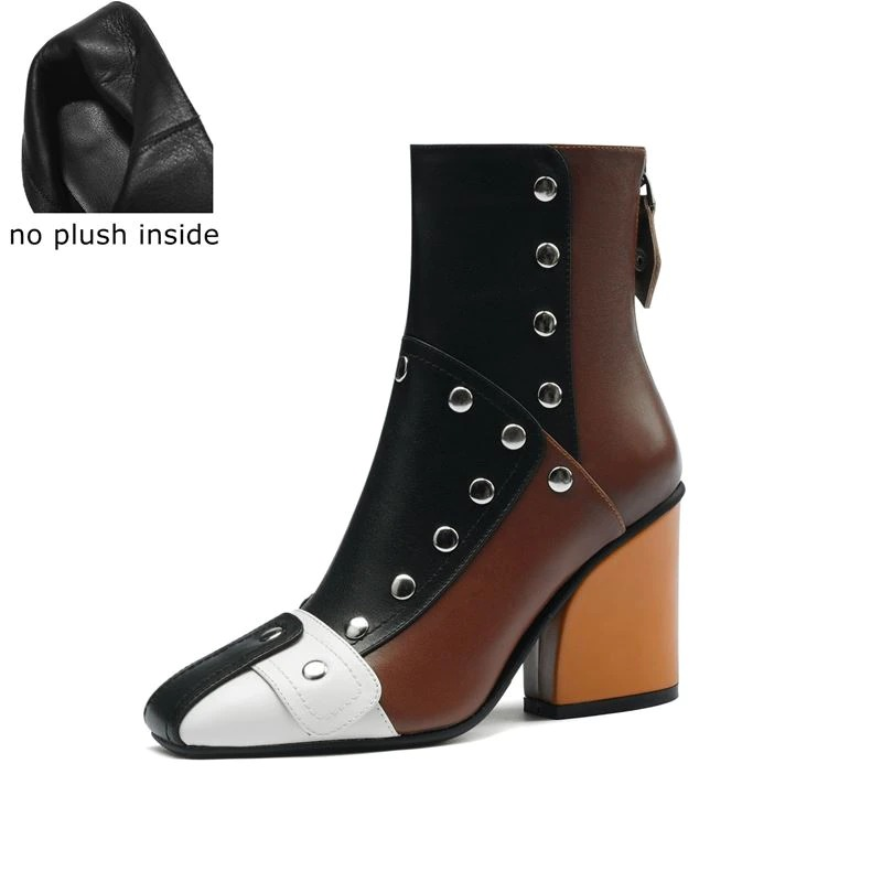 Trendy women's genuine leather high heel ankle boots in multicolour with rivets and no plush interior.