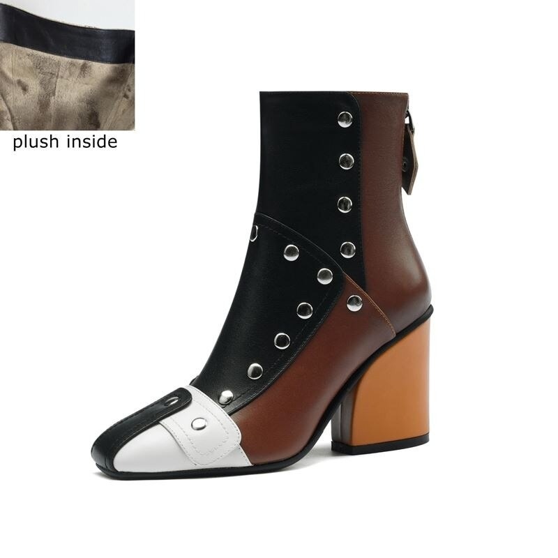 Trendy women's high heel ankle boots in multicolor genuine leather design with rivets and plush lining.