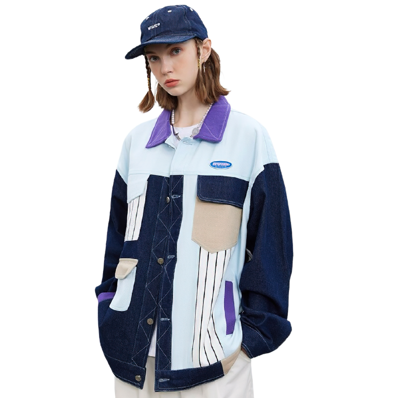 Fashion Women's Denim Jacket of Color Block Patchwork / Loose Outwear with Multi-Pockets - HARD'N'HEAVY