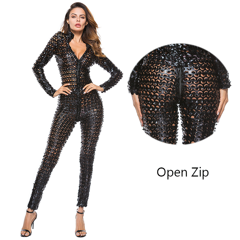 Fashion Women's Faux Leather Jumpsuit with open zipper, showcasing sexy design and trendy pattern, perfect for a night out.