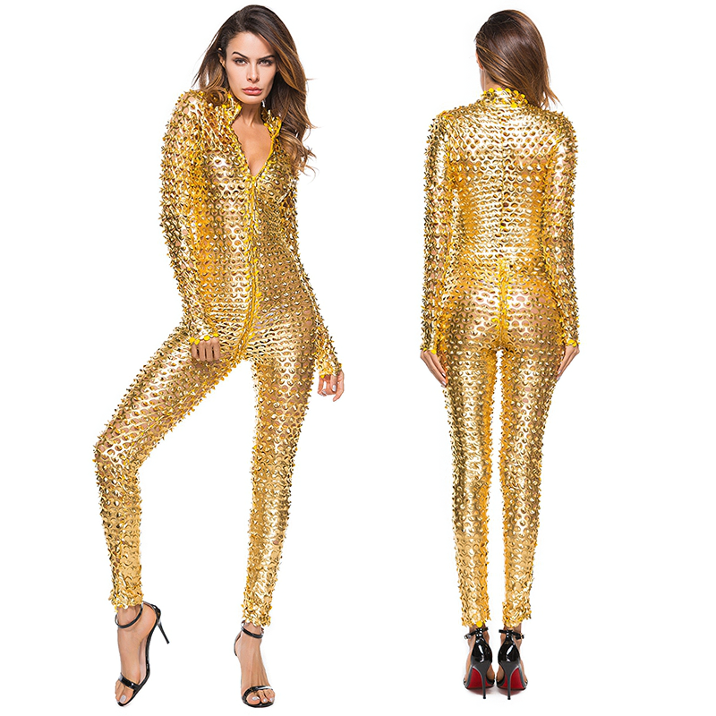 Fashion Women's gold faux leather jumpsuit with open zipper, trendy bodysuit perfect for a glamorous night out.