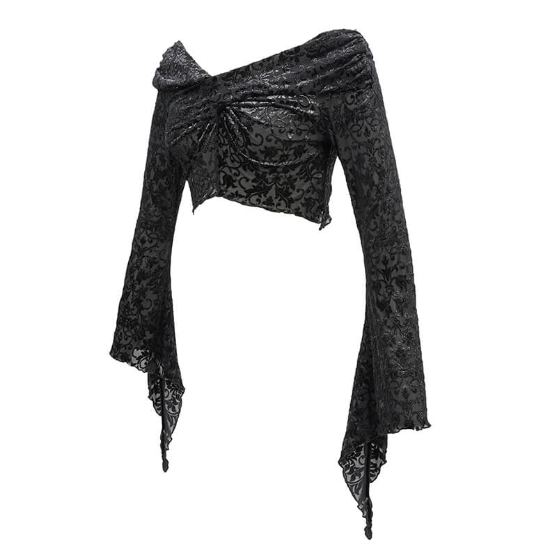 Black gothic crop top with gathered neckline and flared open-shoulder sleeves, perfect for vintage style lovers.
