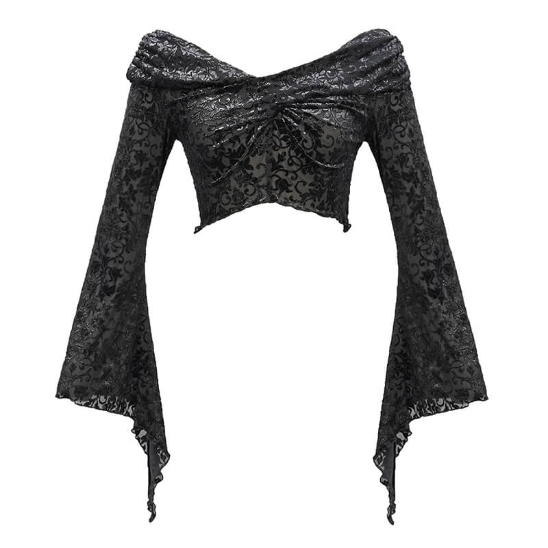 Fashion women's gothic black crop top with gathered neckline and open-shoulder flared sleeves.