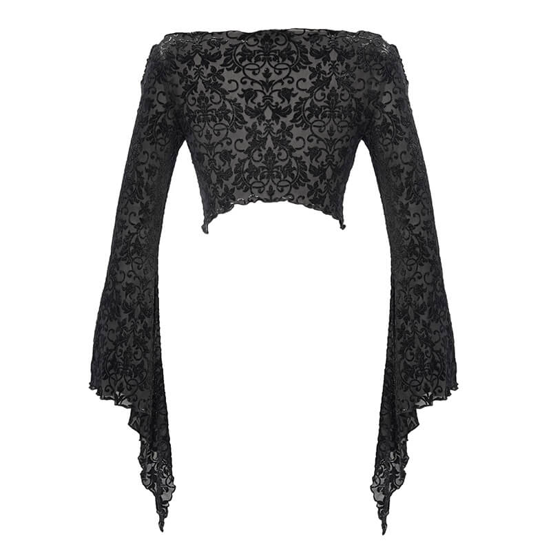 Gothic women's black gathered neckline crop top with flared sleeves and elegant vintage pattern.