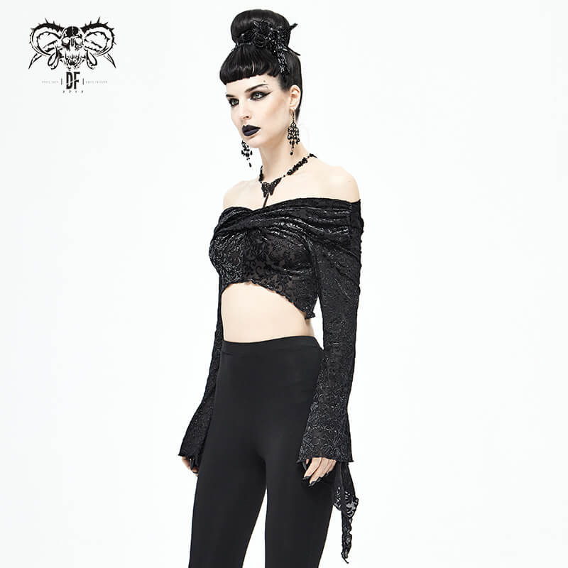 Stylish black gathered neckline crop top with gothic flared sleeves, perfect for a vintage-inspired wardrobe.