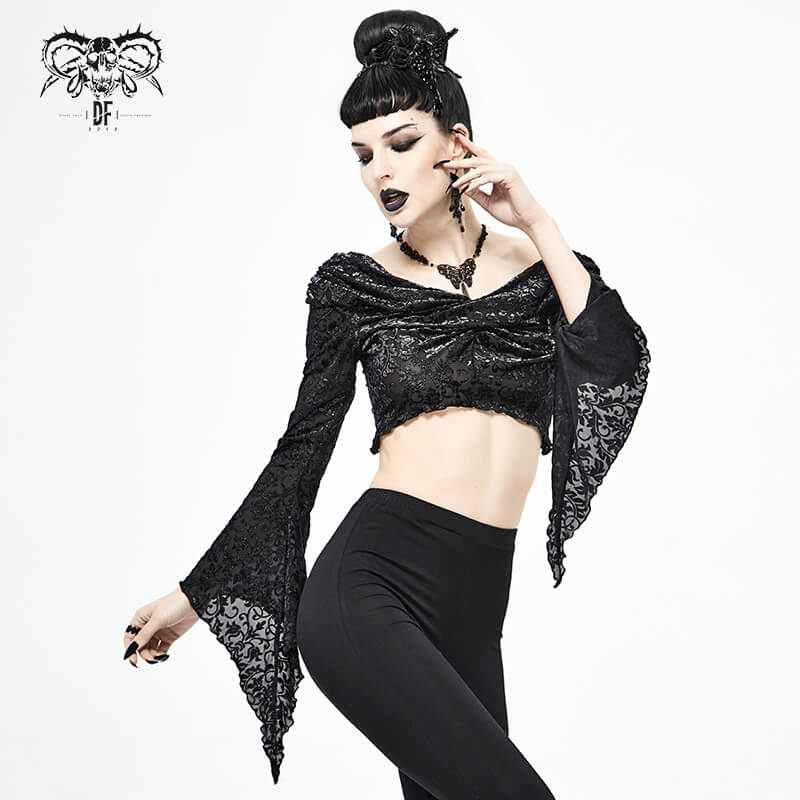 Women in a gothic black gathered neckline crop top with flared sleeves, showcasing a vintage style and elegant lace details.