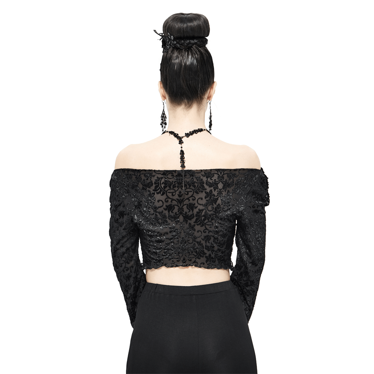 Fashion Women's Gathered Neckline Crop Top / Gothic  Open-Shoulder Flared Sleeves Tops - HARD'N'HEAVY