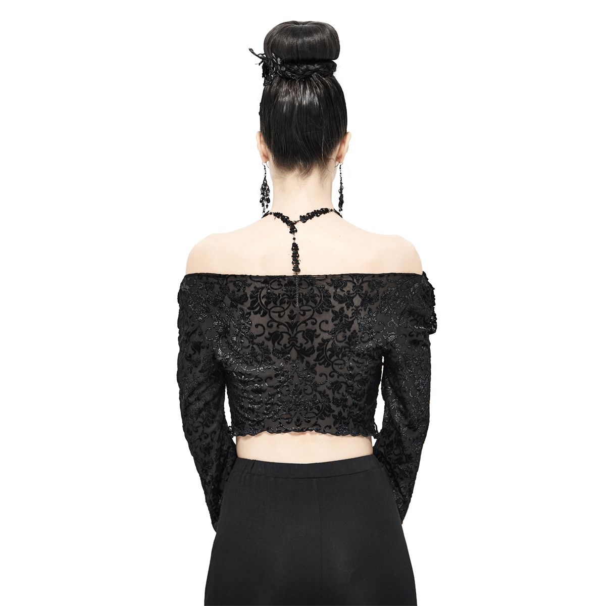 Elegant black gothic crop top with open shoulders and flared sleeves, showcasing a vintage design in a chic style.