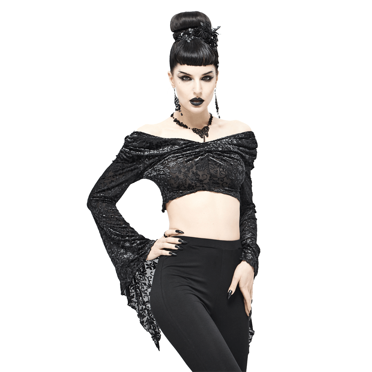 Fashionable women's black gothic crop top with gathered neckline and flared sleeves, styled with elegant accessories.