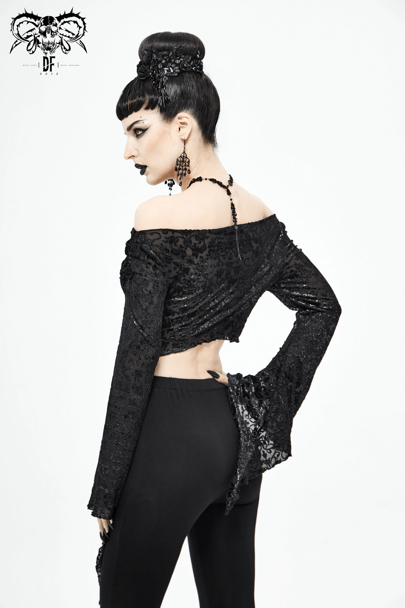 Fashion Women's Gathered Neckline Crop Top / Gothic  Open-Shoulder Flared Sleeves Tops - HARD'N'HEAVY