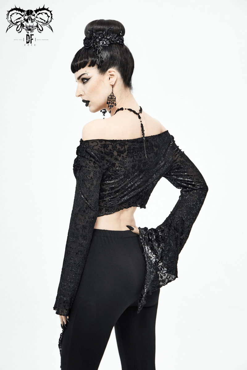 Stylish gothic women's black gathered neckline crop top with flared sleeves, model showcasing back view and vintage design.