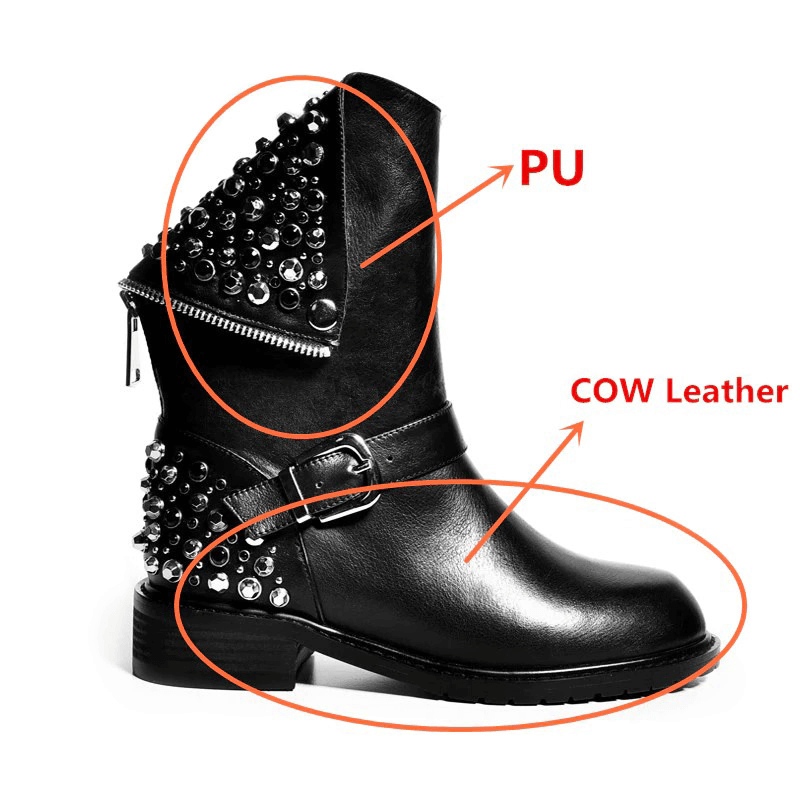 Stylish black ankle boots made of genuine cow leather and PU, featuring studded details and a trendy design.