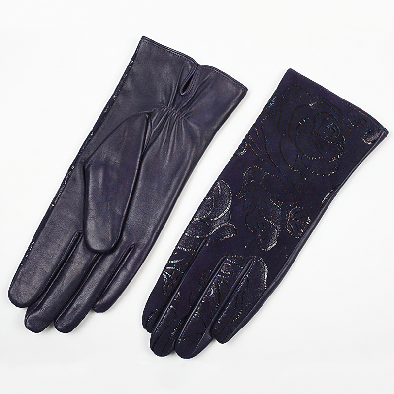 Elegant women's navy lambskin leather gloves with floral design, perfect for warmth and style.