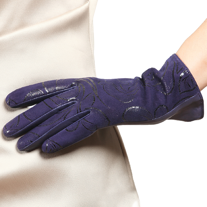 Elegant purple women's gloves with a rose design, perfect for stylish winter outfits.