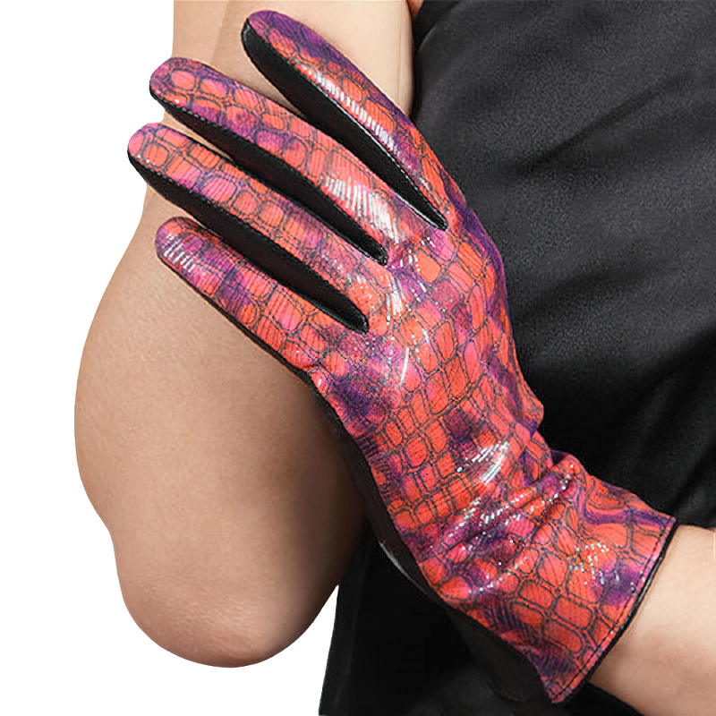 Fashion women's genuine leather gloves in vibrant red and purple snake print design.