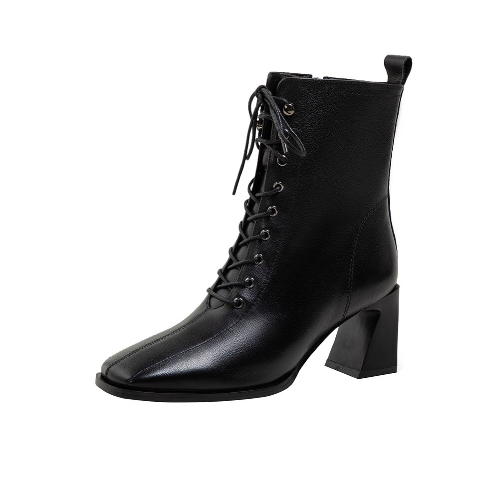 Stylish women's ankle boots made of genuine leather with a block heel and lace-up design, perfect for chic everyday outfits.