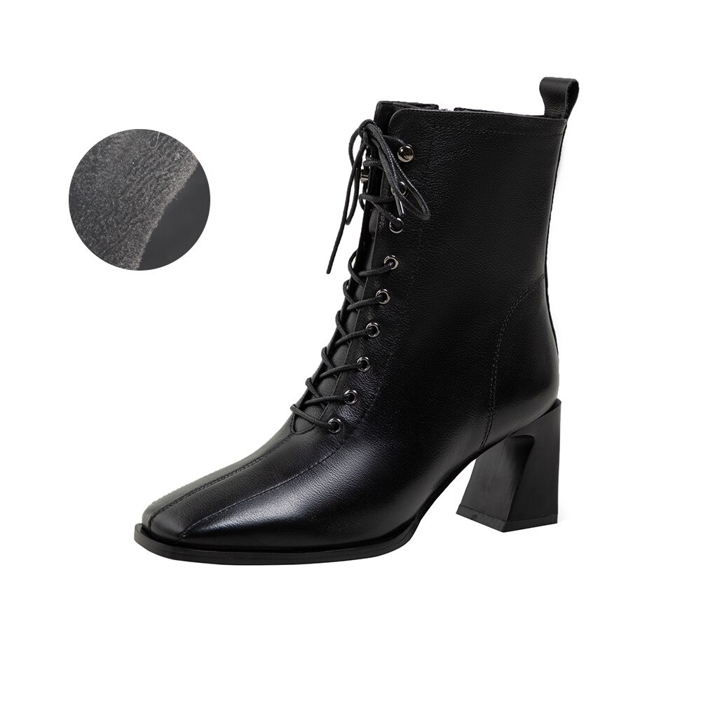 Chic women's black ankle boots with lace-up design and block heel, crafted from genuine leather for a stylish casual look.