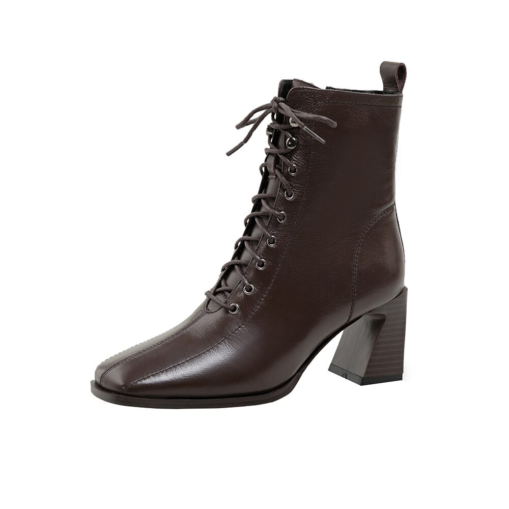 Stylish women's ankle boots in brown genuine leather with lace-up design and sturdy block heel for chic everyday outfits.