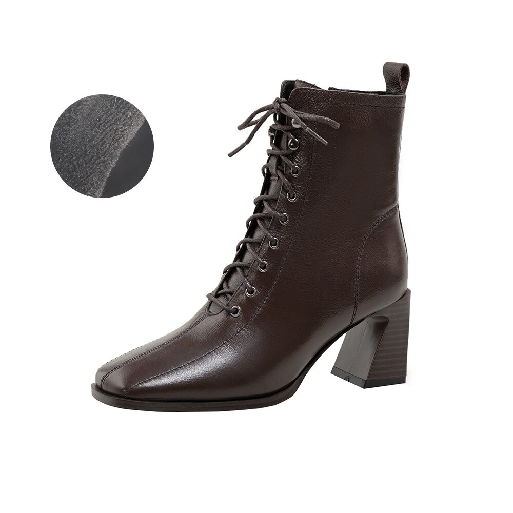 Fashionable women's brown ankle boots with lace-up design, made from genuine leather for a chic, casual look.