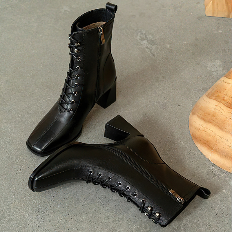 Fashion women's heel ankle boots in genuine leather, featuring a stylish lace-up design and block heels for casual chic outfits.