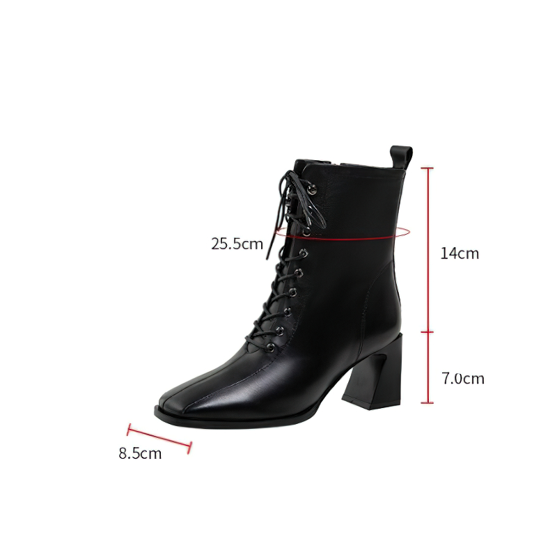 Stylish black women's ankle boots with heel, made of genuine leather, featuring lace-up design and detailed size measurements.