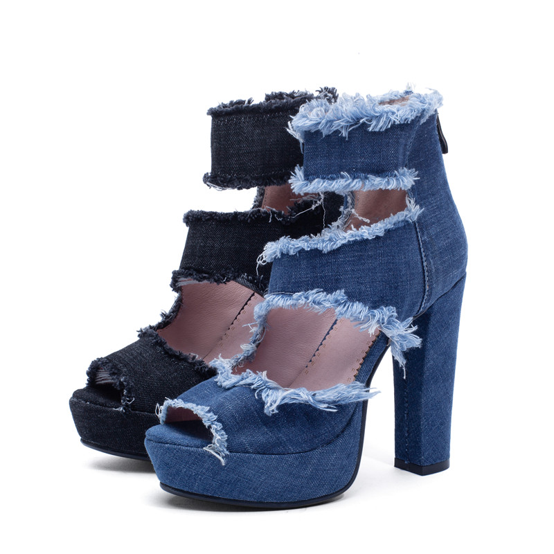 Trendy women's high heel zip shoes in denim, featuring stylish frayed details perfect for summer fashion.