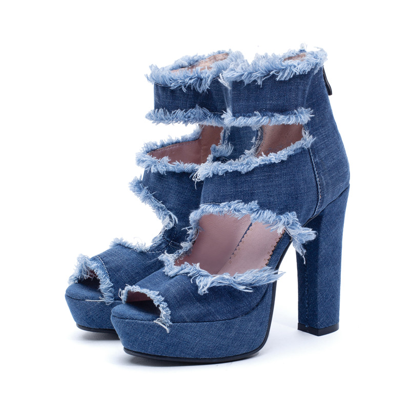 Women’s high heel zip sandals in trendy denim with frayed edges, perfect for summer fashion and boosting style.