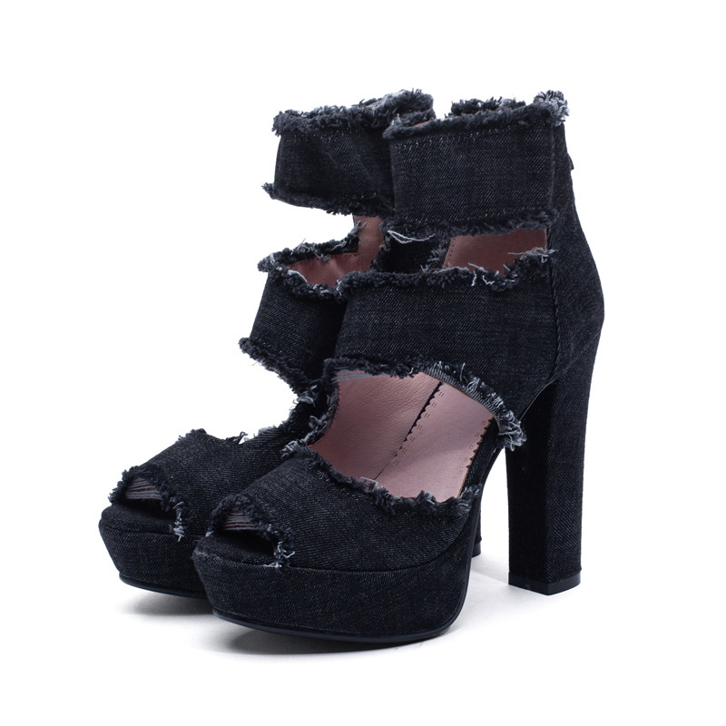 Fashionable women's high heel zip shoes in black denim with bonded leather, perfect for summer outings.