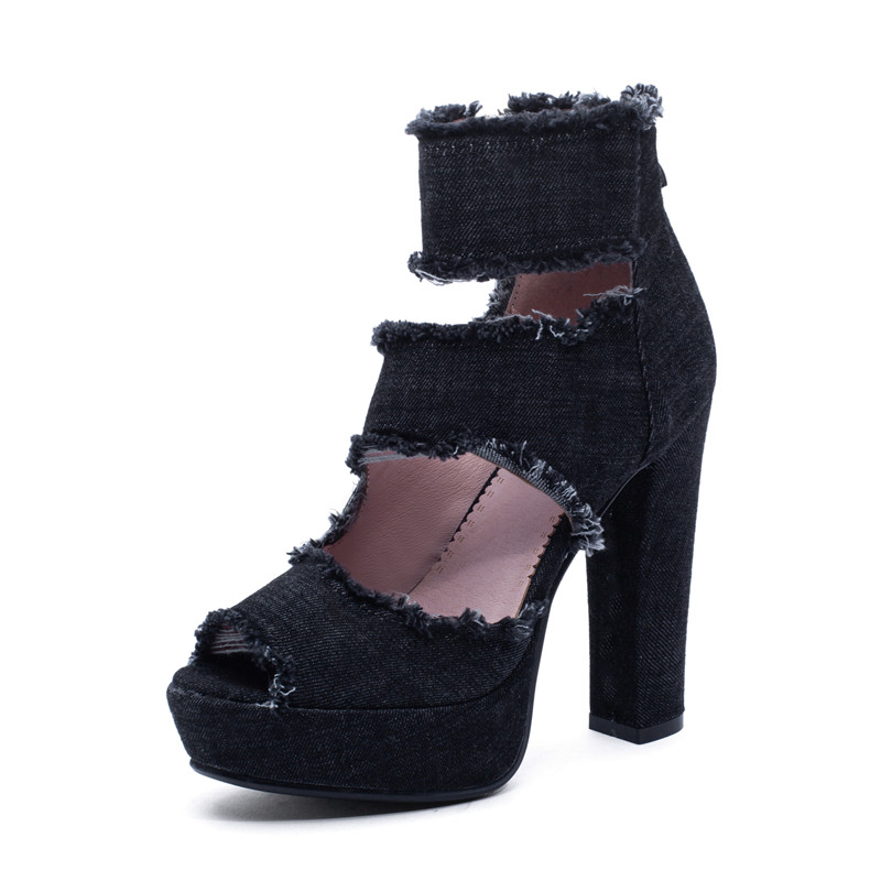 Stylish women's high heel zip shoes in black denim with trendy cutouts and 12cm platform for a chic summer look.