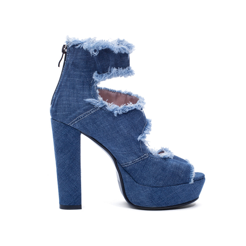 Fashion women's high heel zip shoes in denim with a platform sole, perfect for trendy summer outfits.