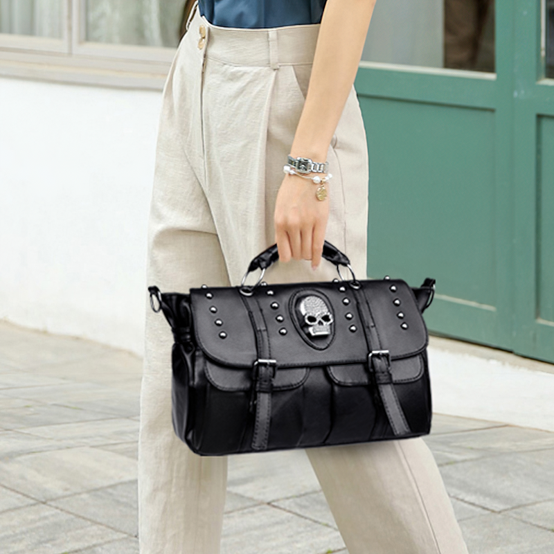 Trendy black PU leather handbag with skull design and rivets, perfect for daily fashion and large capacity.