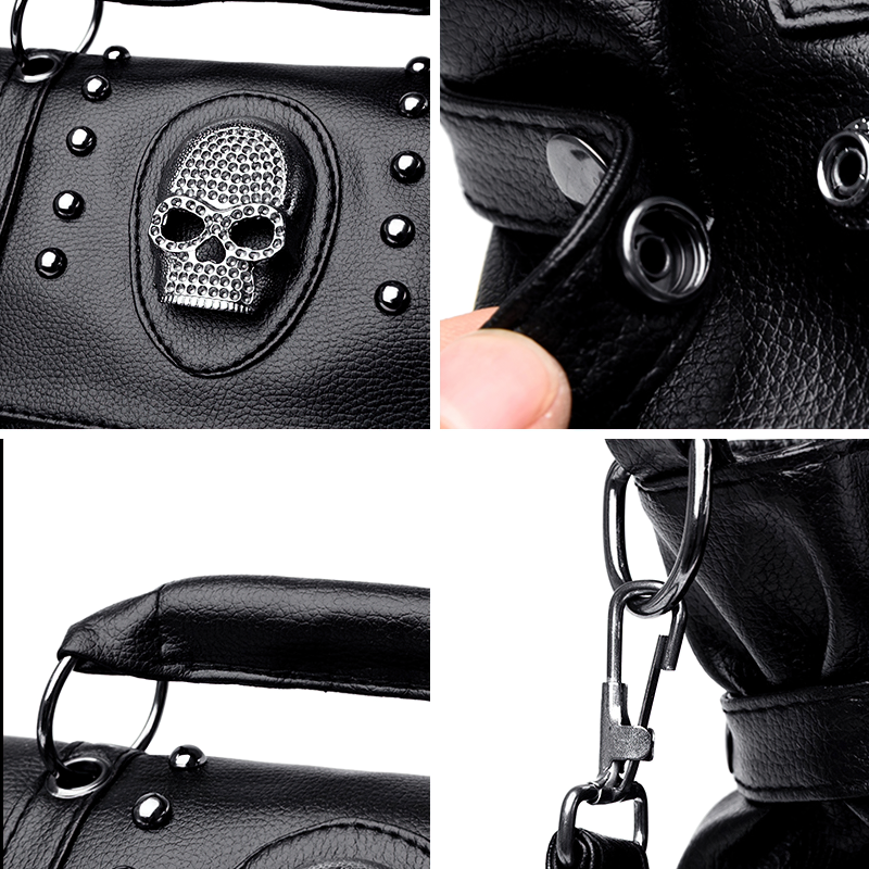 Close-up of a black PU leather handbag featuring rivets and a stylish skull decoration.
