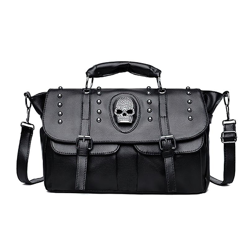 Fashion women's large capacity handbag in black PU leather with rivets and skull detail, perfect for gothic style.
