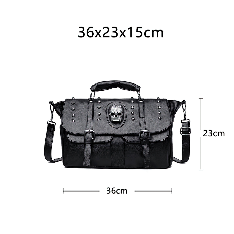 Cool PU leather handbag with skull design, large capacity, perfect for daily essentials, dimensions 36x23x15cm.