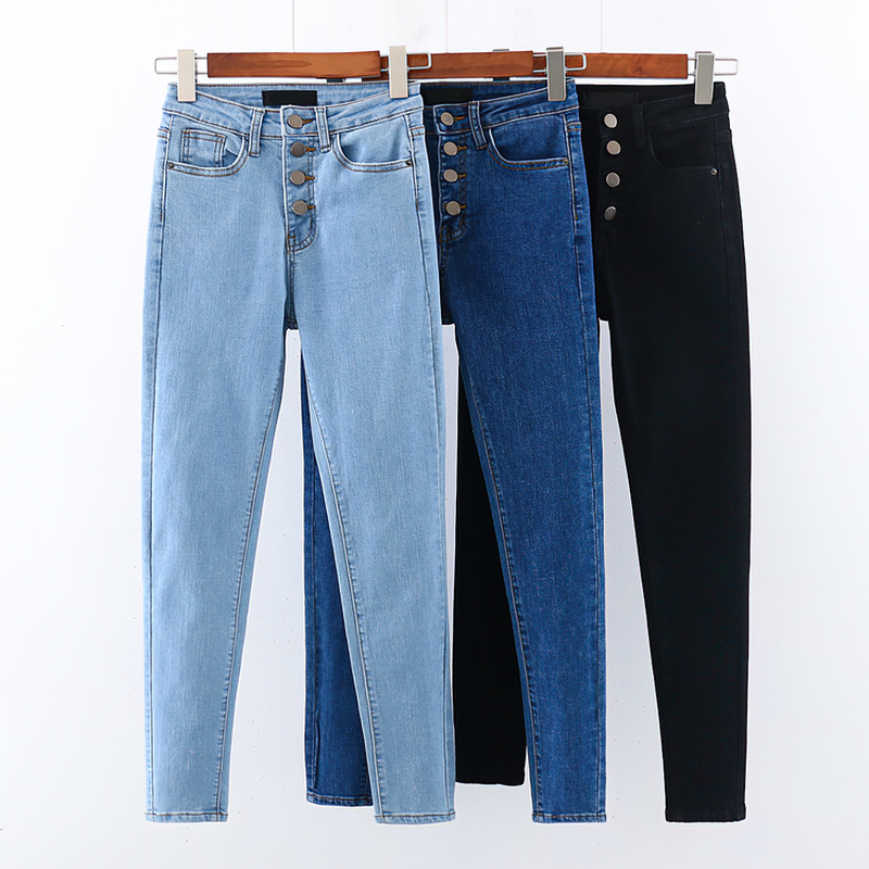 Fashion Women's High Waist Jeans / Sexy Denim Skinny Pencil with Cool Metal Buttons - HARD'N'HEAVY