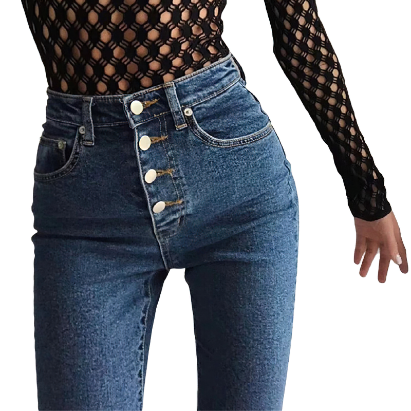 Fashion Women's High Waist Jeans / Sexy Denim Skinny Pencil with Cool Metal Buttons - HARD'N'HEAVY