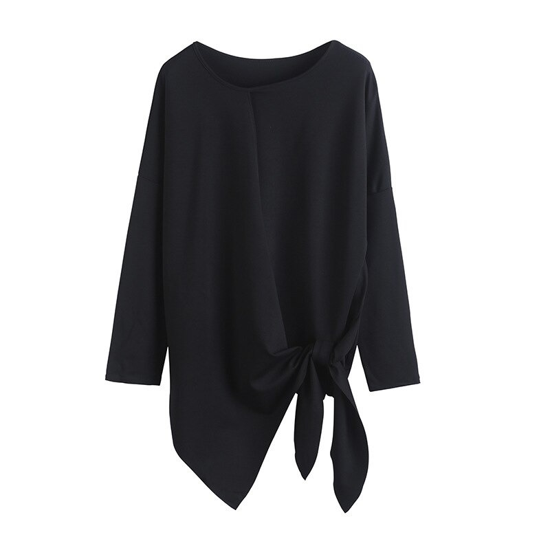 Fashion women's irregular black long sleeve top with loose O-neck and stylish knot detail.