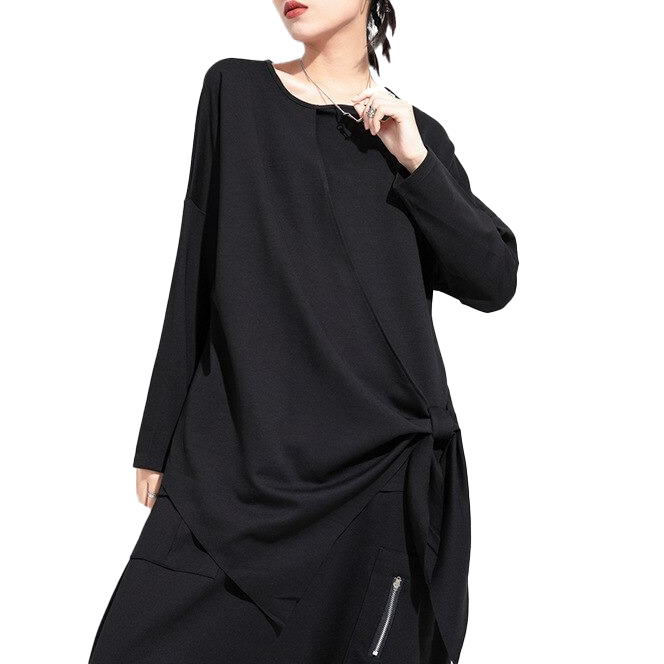 Women's black irregular long sleeve top with casual style, perfect for comfortable daily wear.